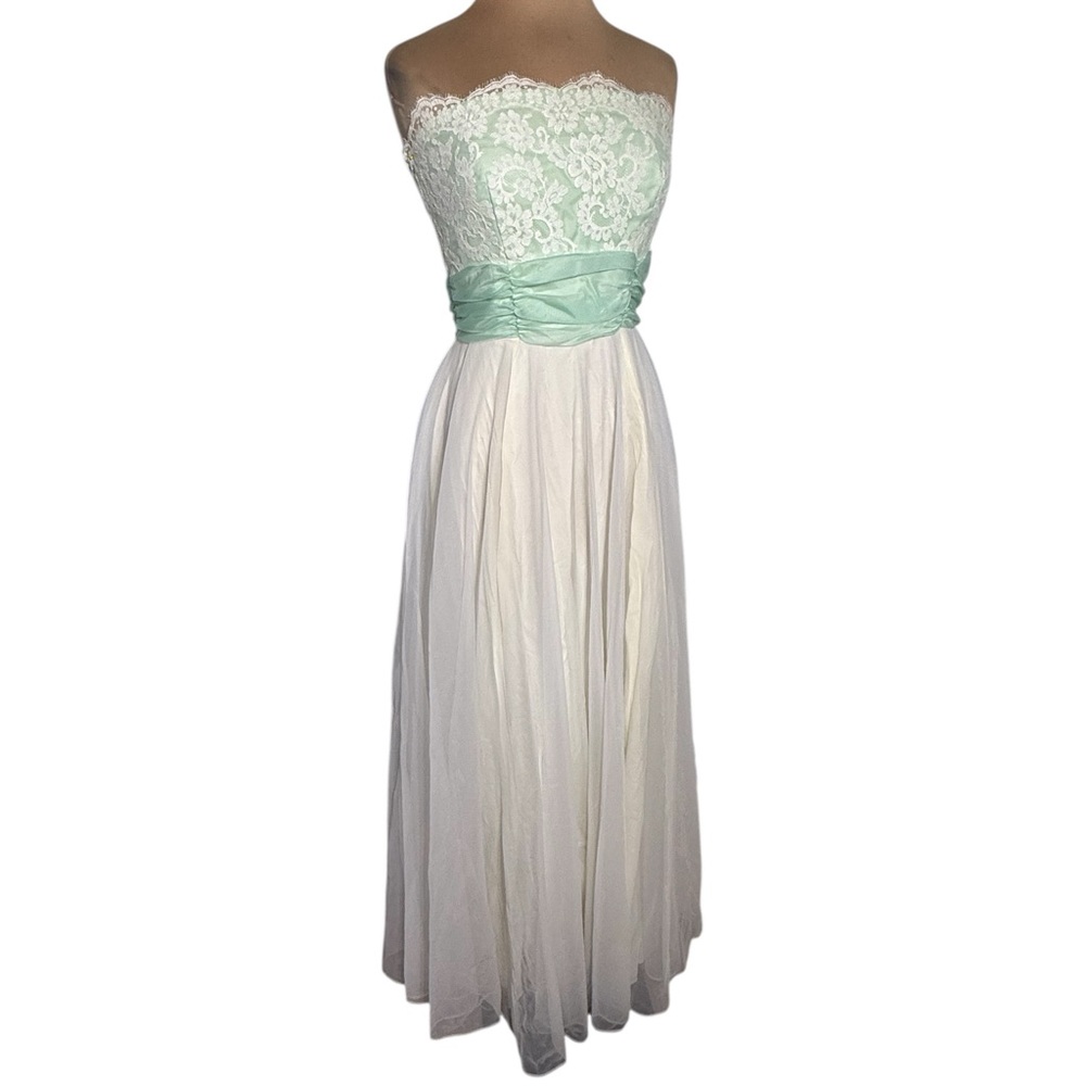 Vintage mid-century lace chiffon mint green and ivory long strapless gown